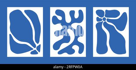 Naive Doodle Curve Aestethic Poster Set in Blue Color. Groovie Abstract Flower, Coral, Seashell in Retro Style. Organic Hippie Backgrounds for T-Shirts, Wallpaper, Case Phone. Stock Vector