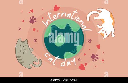 Background for the international cat day on August 8. With Funny cat footprint and earth. Stock Vector