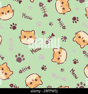 Seamless pattern of a cute red cats, bone and animal's paws. Vector illustration on a green background. Cartoon style flat design. Concept for childre Stock Vector