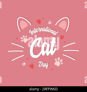 World cat day vector hand lettering International cat day with illustration of cat's paw fingerprint isolated on pink background. Modern calligraphy. Stock Vector