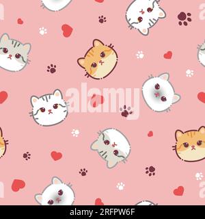 Seamless pattern of a cute different cats, hearts and animal's paws. Vector illustration on a pink background. Cartoon style flat design. Concept for Stock Vector