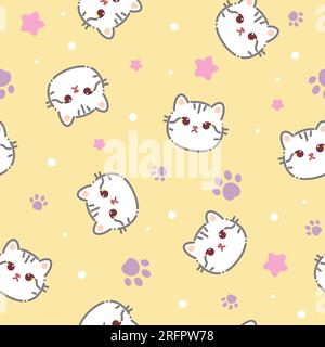 Seamless pattern of a cute cats, stars animal's paws. Vector illustration on a yellow background. Cartoon style flat design. Concept for children prin Stock Vector