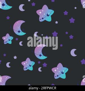 Cute color seamless pattern of blue and purple moon with stars on dark grey background, perfect for decoration and prints. Stock Vector