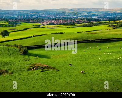 Aerial photo of Tandle Hill country park in Royton, Oldham. Manchester England. Stock Photo