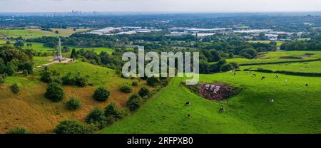 Aerial photo of Tandle Hill country park in Royton, Oldham. Manchester England. Stock Photo