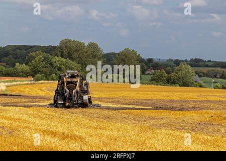 Burnt-out combine harvester, Steinbergkirche, Steinberg, Schleswig-Holstein, Germany Stock Photo