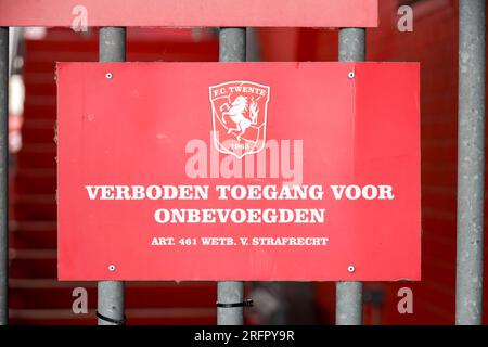 Grolsch Veste stadium of FC Twente in Enschede with sign verboden toegang voor onbevoegden which means prohibited to unauthorized persons. Stock Photo