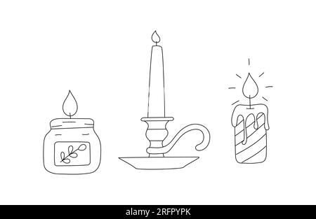 Outline doodle burning wax candles in candle holder, jar. A symbol of celebration, religion, lighting in the dark, reading, studying, learning. Black Stock Vector