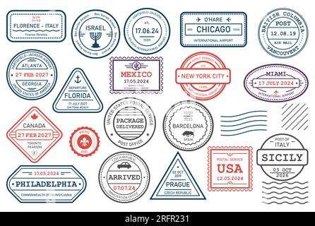 International travel visa stamps, arrival and departure passport rubber stamp, journey prints, vector Stock Vector