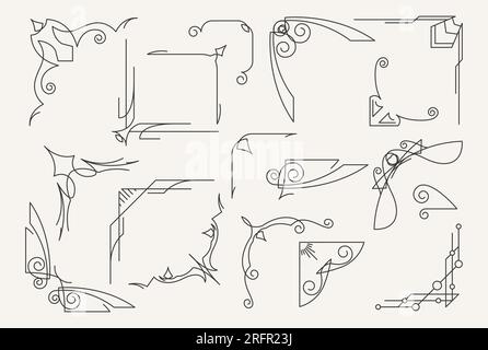 Set of elegant corners and frame borders in mystic style, banners and astrology and tarot style decor, esoteric vignettes, vector Stock Vector