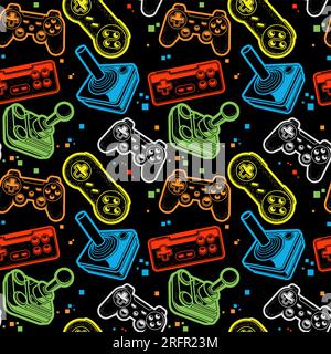 Seamless bright pattern with joysticks, motley gamepads seamless pattern, console gaming print, vector Stock Vector