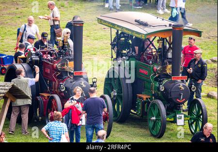 Alt Schwerin, Germany. 05th Aug, 2023. Visitors stand around the historic steam tractors at this year's steam meeting at the Agroneum Museum of Agricultural History. Especially technology fans from the Netherlands, who could not travel to the last meeting two years ago because of Corona, have again traveled to the Mecklenburg Lake District. In total, more than 50 steam-powered tractors and machines can be seen in action, including about 13 large machines. Credit: Jens Büttner/dpa/Alamy Live News Stock Photo