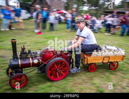 Alt Schwerin, Germany. 05th Aug, 2023. A working model of a steam mobile will be demonstrated at this year's steam meeting in the Agroneum Agricultural History Museum on the museum grounds. Especially technology fans from the Netherlands, who could not travel to the last meeting two years ago because of Corona, have again traveled to the Mecklenburg Lake District. In total, more than 50 steam-powered tractors and machines can be seen in action, including about 13 large machines. Credit: Jens Büttner/dpa/Alamy Live News Stock Photo