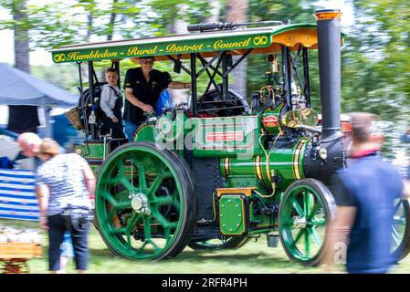 Alt Schwerin, Germany. 05th Aug, 2023. A historic steam tractor drives around the museum grounds at this year's steam meeting at the Agroneum Museum of Agricultural History. (Long exposure shot) Especially technology fans from the Netherlands, who could not travel to the last meeting two years ago because of Corona, have again traveled to the Mecklenburg Lake District. In total, more than 50 steam-powered tractors and machines can be seen in action, including about 13 large machines. Credit: Jens Büttner/dpa/Alamy Live News Stock Photo