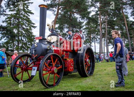 Alt Schwerin, Germany. 05th Aug, 2023. The steam tractor 'Lady Jane' from Aveling & Porter built in 1928 will be prepared for a demonstration at this year's steam meeting in the Agroneum Agricultural History Museum on the museum grounds. Especially technology fans from the Netherlands, who could not travel to the last meeting two years ago because of Corona, have again traveled to the Mecklenburg Lake District. In total, more than 50 steam-powered tractors and machines can be seen in action, including about 13 large machines. Credit: Jens Büttner/dpa/Alamy Live News Stock Photo