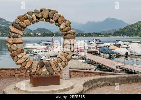 A glimpse of the lakefront of Lavena Ponte Tresa, Italy, on the border with Switzerland Stock Photo