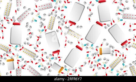 Endless seamless pattern of medical scientific medical objects icons jars with pills capsules on a white background. Vector illustration. Stock Vector