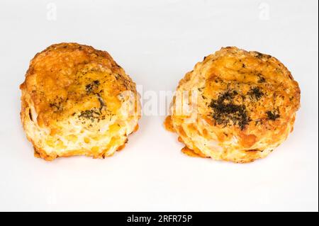 Two cheese scones isolated on a white background Stock Photo