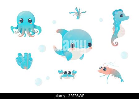 stickers vector illustration sea dwellers creatures illustration on white isolated background Stock Vector