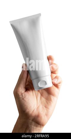 Men hand holding cream tube mockup, blank package Stock Photo - Alamy
