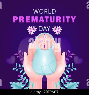 World Prematurity Day. Baby lying in his mother's hand with plant and flower ornaments. 3d illustration of a premature baby, suitable for events Stock Vector