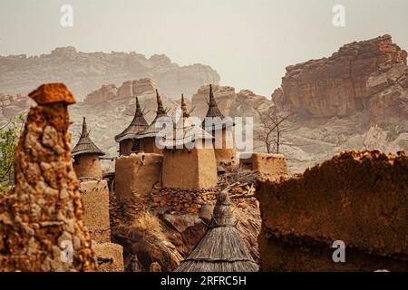 Dogon village and typical mud buildings, buildings used as barns for the storage of cereals , Mali , West Africa Stock Photo