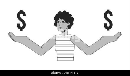 Woman holding dollar signs on hands flat line black white vector character Stock Vector