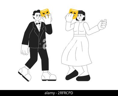 Theater actors with tragedy and comedy masks monochromatic flat vector characters Stock Vector