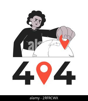 Woman selecting place on globe black white error 404 flash message. Stock Vector