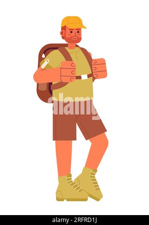 Excited caucasian man with backpack semi flat color vector character Stock Vector