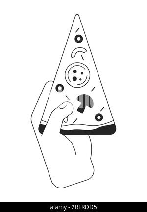 Hand holding pizza slice bw concept vector spot illustration Stock Vector