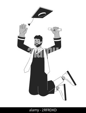 Jumping male student in graduation gown flat line black white vector character Stock Vector