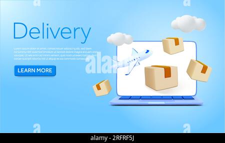 3d laptop with cargo package boxes, airplane, clouds, isolated on background. Global air delivery and transport banner template, shopping, global shipping and logistics app or web vector illustration. Vector illustration Stock Vector