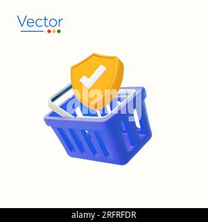 3d shopping basket with yellow checkmark shield, isolated on white background. Secured online shopping concept, empty cart, retail supermarket, valid order vector illustration. Vector illustration Stock Vector