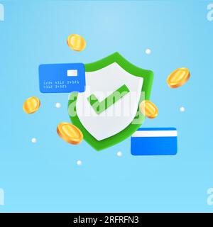 3d green shield with checkmark, banking credit cards, coins, isolated on background. Secured transaction banner concept, safe finance account, shopping and payment vector illustration. Vector illustration Stock Vector