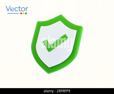 3d green shield icon with check mark, isolated on white background. Protection symbol, network safe and secured, validated illustration. Vector illustration Stock Vector