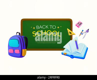 3d opened book, school backpack, bag, pencil, sharpener, class chalkboard, geometric compass, isolated on background. Banner template for back to school, new semester, course. Vector illustration. Vector illustration Stock Vector