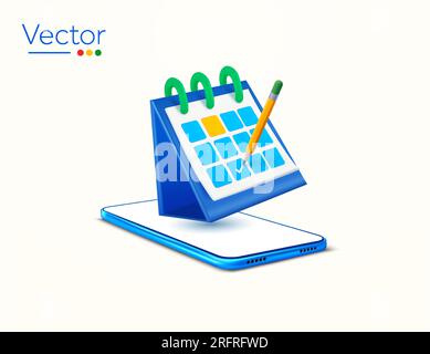 3d smartphone with calendar, pencil, isolated on white background. Work organizer and planner mobile application banner concept, to do list, task scheduling note taking vector illustration. Vector illustration Stock Vector