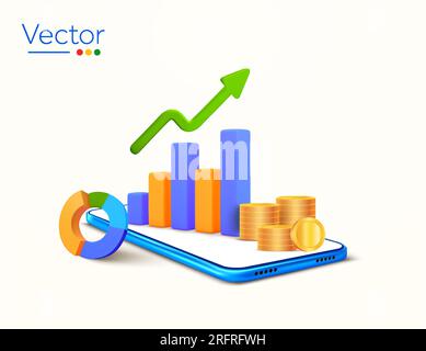 3d smartphone with growing column chart, green arrow, stacks of coins, wheel or donut chart, isolated on white background. Investment portfolio banner concept, profitable trading vector illustration. Vector illustration Stock Vector