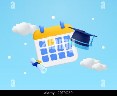 3d flying calendar with graduation cap or hat in the sky, diploma, white clouds, isolated on background. Back to school banner concept, study time management, university organization. 3d vector. Vector illustration Stock Vector
