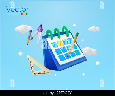 3d flying calendar with pencil, triangle ruler, geometric compass in the sky, white clouds, isolated on background. Stationery banner concept. 3d vector illustration. Vector illustration Stock Vector