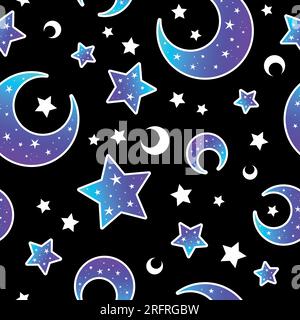 Mystical bright neon pattern with moon and stars. Vector illustration. Stock Vector