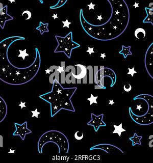Mystical bright neon pattern with moon and stars. Vector illustration. Stock Vector