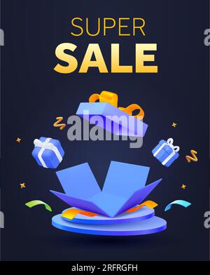 3d opened, exploded or collapsed gift box with ribbon, podium, confetti effect, isolated on white background. Banner template for big promotion, sale off, black friday, celebrate. vector illustration. Vector illustration Stock Vector