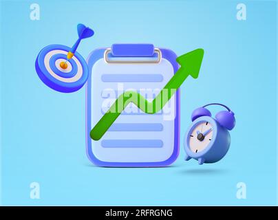 3d clipboard with list document, alarm clock, bull eye target with dart arrow, growth line chart, isolated on background. Accounting report concept, financial analysis, data vector illustration. Vector illustration Stock Vector