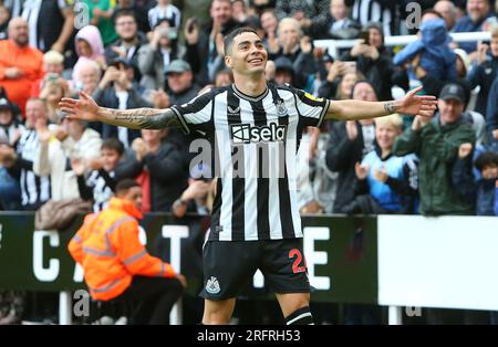 Newcastle United's Miguel Almirón celebrates his goal during the Sela Cup match between Newcastle United and ACF Fiorentina at St. James's Park, Newcastle on Saturday 5th August 2023. (Photo: Michael Driver | MI News) Credit: MI News & Sport /Alamy Live News Stock Photo