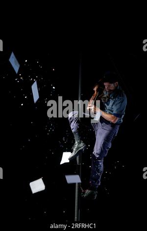August 2, 2023, Madrid, Madrid, Spain: Several artists from the 'Faltan 7' company are seen on stage during the 'Express' circus show as part of the activities of the 39th edition of Veranos de la Villa, at the Theater of the Conde Duque Cultural Center, in Madrid (Spain). 'Express' is a fresh show, created collectively to surprise and drive the public crazy in which humor is combined with various circus disciplines where the presence of female acrobatic portes, stands out, as well as techniques such as the Chinese mast, the verticals, the clown and balances. 'Faltan 7' company was born in 201 Stock Photo