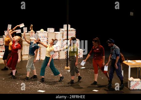 August 2, 2023, Madrid, Madrid, Spain: Several artists from the 'Faltan 7' company are seen on stage during the 'Express' circus show as part of the activities of the 39th edition of Veranos de la Villa, at the Theater of the Conde Duque Cultural Center, in Madrid (Spain). 'Express' is a fresh show, created collectively to surprise and drive the public crazy in which humor is combined with various circus disciplines where the presence of female acrobatic portes, stands out, as well as techniques such as the Chinese mast, the verticals, the clown and balances. 'Faltan 7' company was born in 201 Stock Photo