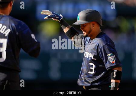 Miami Marlins' Jazz Chisholm Jr. bats during the second inning in the first  baseball game of a doubleheader against the Cleveland Guardians, Saturday,  April 22, 2023, in Cleveland. (AP Photo/Nick Cammett Stock