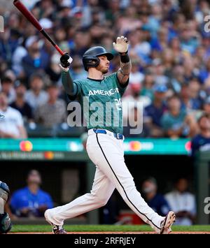American League's Jonah Heim, of the Texas Rangers, waits for a pitch  during the MLB All-Star baseball game against the National League in  Seattle, Tuesday, July 11, 2023. (AP Photo/Lindsey Wasson Stock